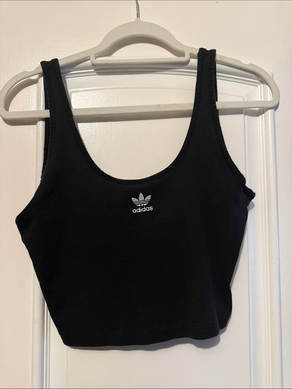 adidas Black Ribbed Scoop Crop Top with Trefoil Logo
